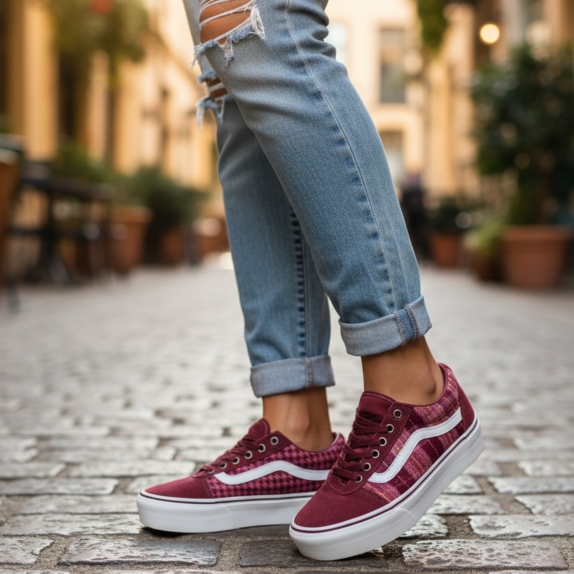 Vans Ward Platform Plaid Mix Burgundy Houndstooth Sneakers. Size 8.5 New